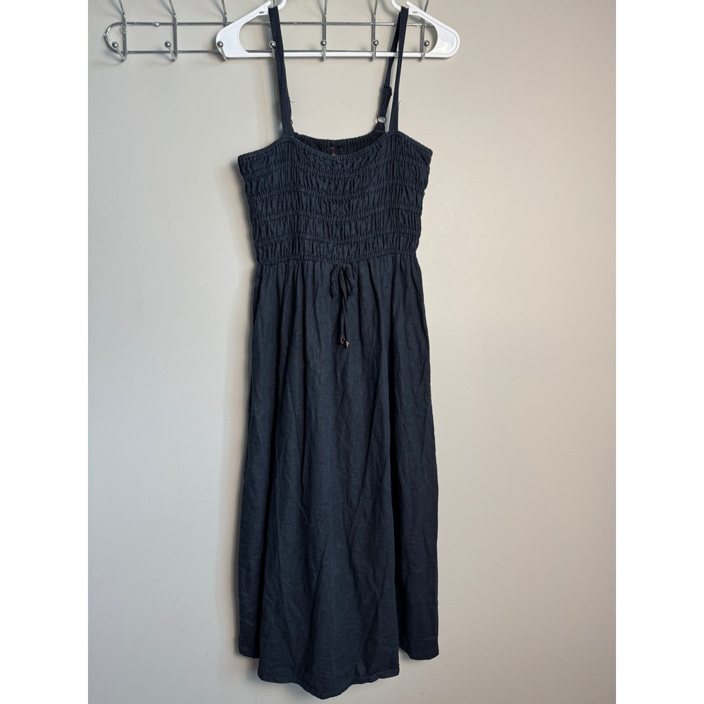 Turquoise Couture Womens Black Smocked Linen Blend Midi Dress Size S Boho Summer